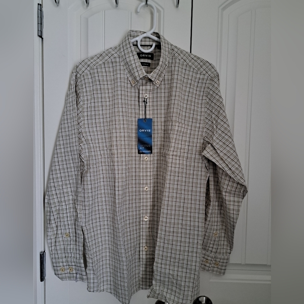 ORVIS Active Fit check shirt oatmeal green brown neutral cotton button down M